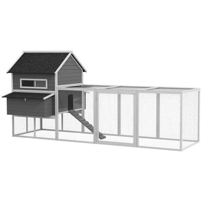 Pawhut 137" Chicken Coop, Wooden Large Hen House With Chicken Run, Nesting Box, Poultry Cage For Outdoor, Backyard, Grey