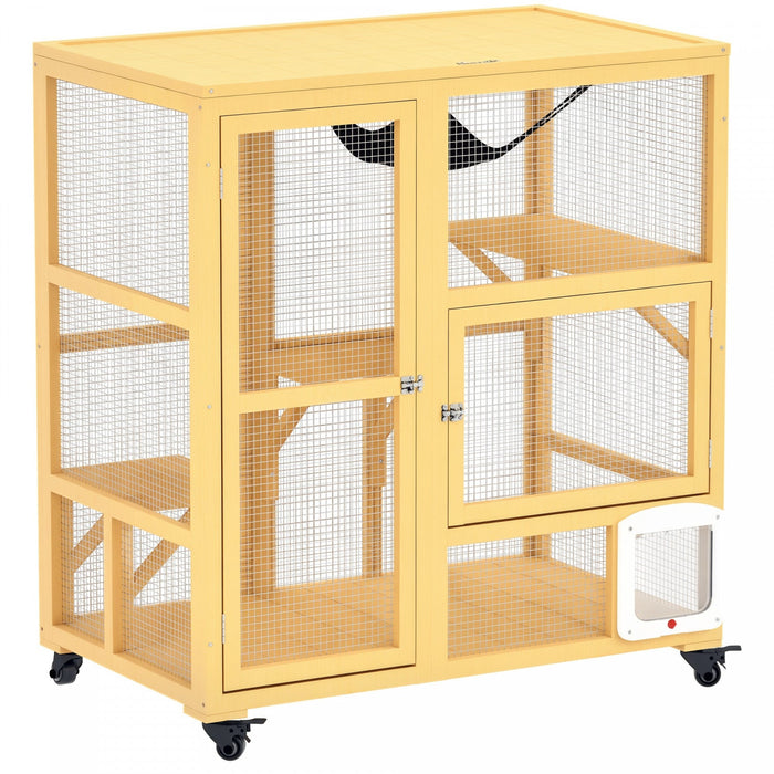 Pawhut Wooden Cat House For Indoor 3 Levels Cat Condo Villa On Wheels With Flap Door Platforms Hammock Openable Top For 2 Kittens, Yellow