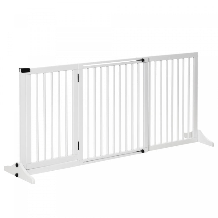 Pawhut Wooden Dog Gate, Freestanding Pet Fence For Stair, Doorway, 3 Panels W/ Door, Support Feet Fo