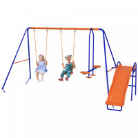 Outsunny 4 In 1 Metal Swing Set With Double Swings, Glider, Slide, Ladder, Kids Swing Set For Backya