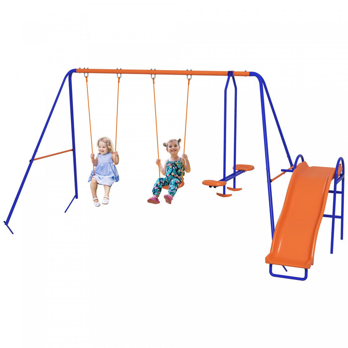 Outsunny 4 In 1 Metal Swing Set With Double Swings, Glider, Slide, Ladder, Kids Swing Set For Backya