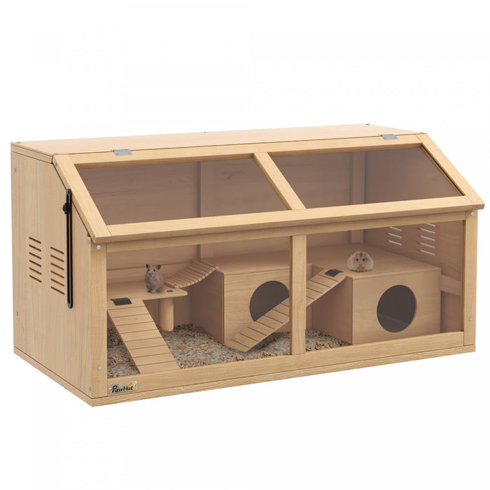 Pawhut Wooden Hamster Cage, 33.5\"l Hamster Habitat, Small Animal Cage For Syrian Drawf Hamster Gerbi