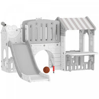 Qaba 7-in-1 Toddler Slide with Playhouse, Kids Slide Climber Playset with Basketball Hoop and Tunnel for Age 1-4 Years Indoor Play, Grey