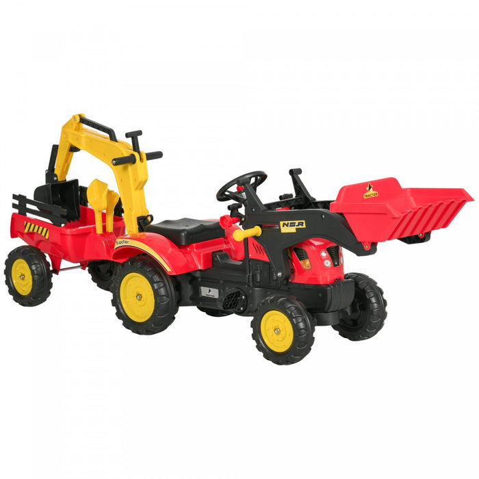 Aosom 3 In 1 Kids Ride On Excavator Toy With 6 Wheels, Bulldozer With Controllable Cargo Trailer & E