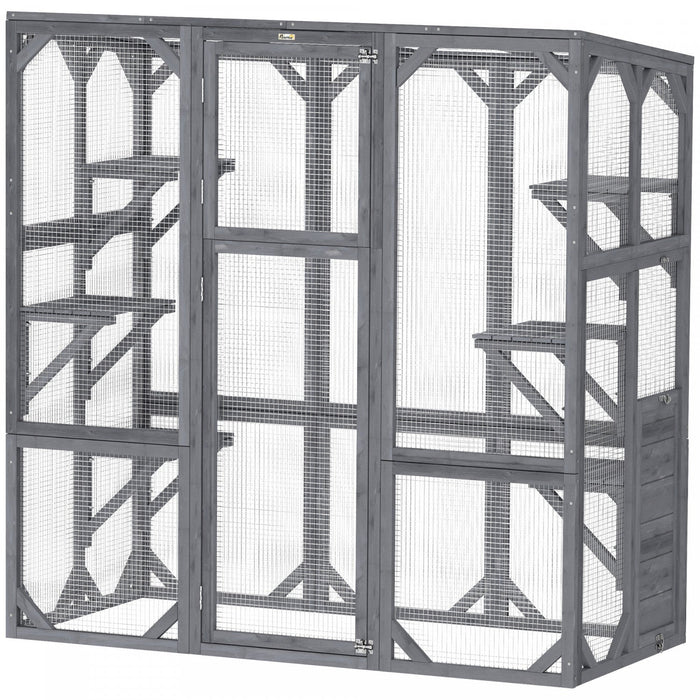 Pawhut Catio, Outdoor Cat Enclosure With 6 Jumping Platforms, Weatherproof Roof, Large Front Door, Wooden Cat House Cage For 1-3 Kittens, 59" X 28" X 60", Grey