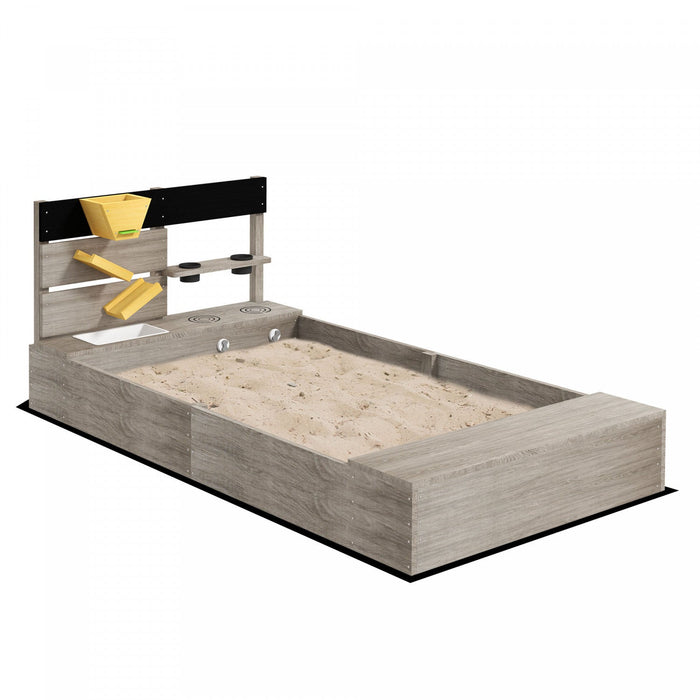 Kids Sandbox With Liner, Outdoor Wooden Sandpit Children Play Station With Kitchen Design, Sink, Pla