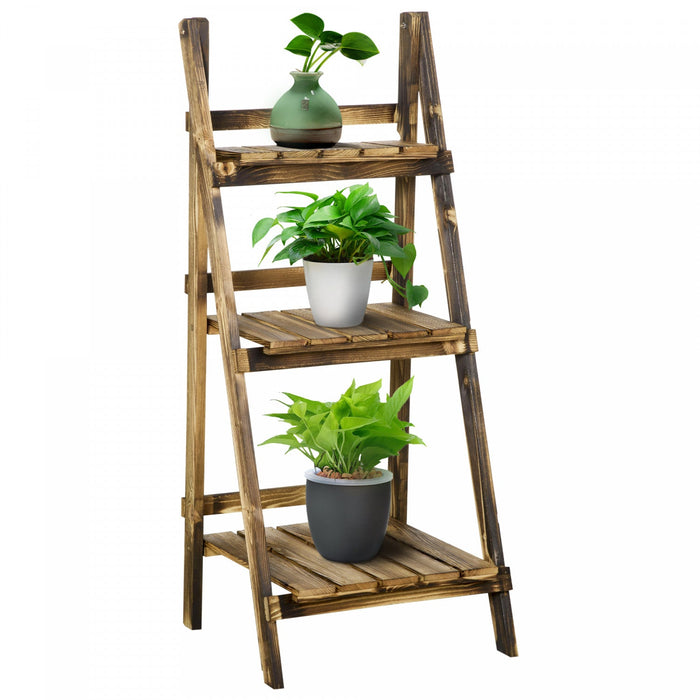 Outsunny Outdoor Plant Stand, Foldable Flower Stand 3-tier Wooden Plant Shelf For Garden Indoor Outd
