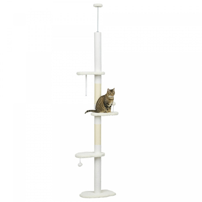 Pawhut Floor To Ceiling Cat Tree With Scratching Posts, 88.5"-100.5" Adjustable Height Cat Tower With Cloud Shaped Platforms, Dangling Balls, White