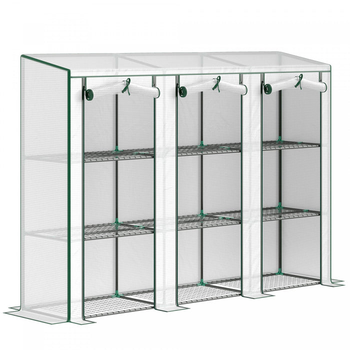 Outsunny Lean-to Mini Greenhouse W/ 3 Tier Shelves, 3 Roll-up Doors, White