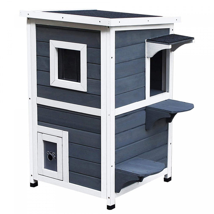 Pawhut 2 Story Outdoor Cat House, Outdoor Cat Enclosure Wooden Cat Shelter With Windows, Platforms, 