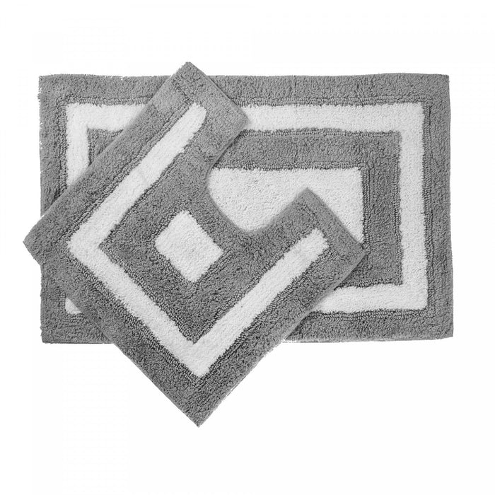 2pc Cotton Bathmat Set White/Grey Border Bathmat