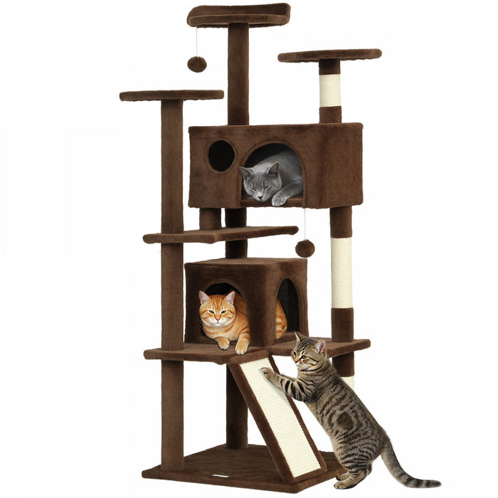 PawHut 54" Cat Tree, Cat Tower for Indoor Cats with Scratching Posts, Cat Condos, Bed, Platforms, Ramp, Toy Ball, Cat Activity Center, Light Brown