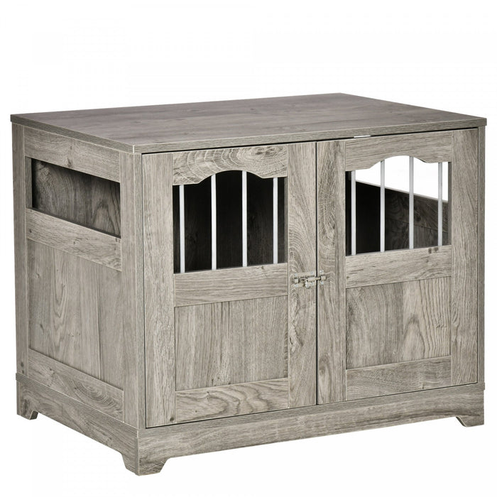 Pawhut 29.5\" Wooden Dog Cage With Windows, End Table Furniture Style, Modern Pet Kennel With Lockabl