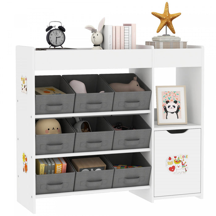 Qaba Toy Storage Organizer, Kids Bookshelf With 9 Non-woven Fabric Boxes, Storage Cabinet & Shelves, Toy Shelf For Kids Room, Nursery, Playroom, White