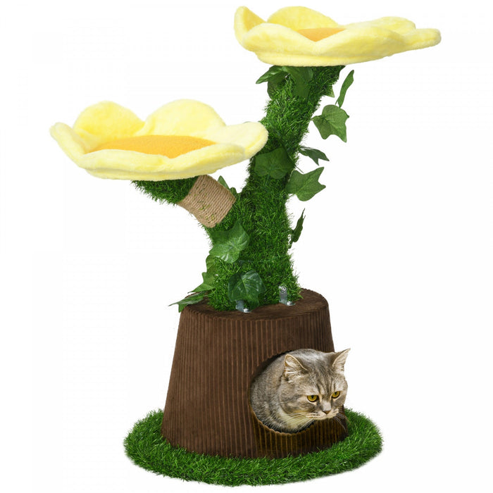 Pawhut 18\" Plush Cat Tree With Two Flower Platforms, Multi-activity Centre Cat Tower With Jute Scrat