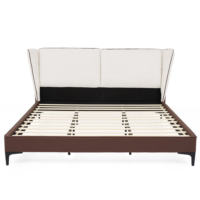 Ava Teddy Fleece Platform Bed with Wingback Headboard and Faux Upholstered, King Size, White King Bed  