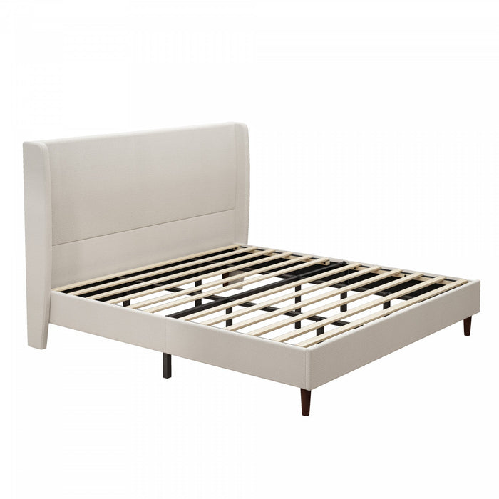Harper Upholstered King Bed Frame with High Headboard, Chenille Fabric - Beige 