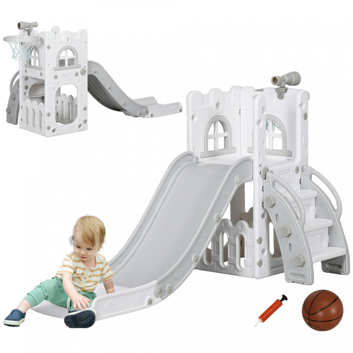 Qaba Toddler Slide, 4 In 1 Slide For Kids Aged 1-3 Years With Basketball Hoop, Climber, Telescope, S