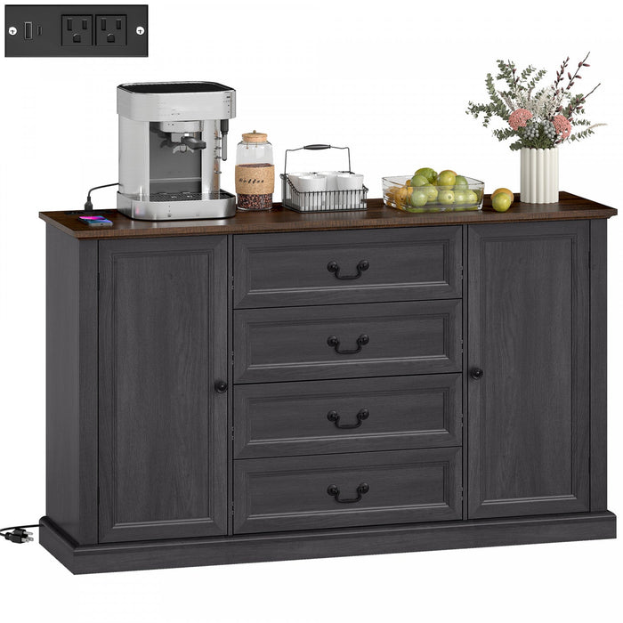 HOMCOM 58" Sideboard Buffet Cabinet with Charging Station Black Wood Grain