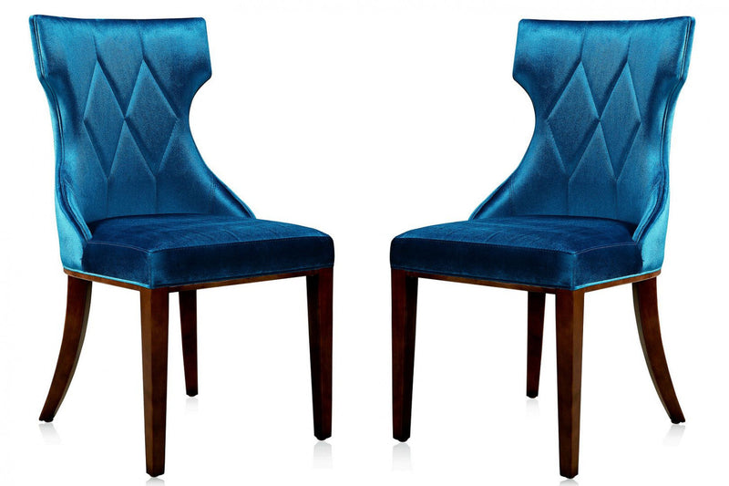Manhattan Comfort Set of 2 Reine Cobalt Velvet Dining Chairs - Blue & Walnut