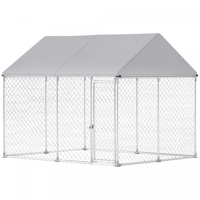 Pawhut Outdoor Dog Kennel With Roof, Heavy Duty Galvanized Steel Dog Run Chain Link W/ Waterproof Uv-resistant Cover, Safety Lockable Latch System, 9.2' X 7.5' X 7.2'