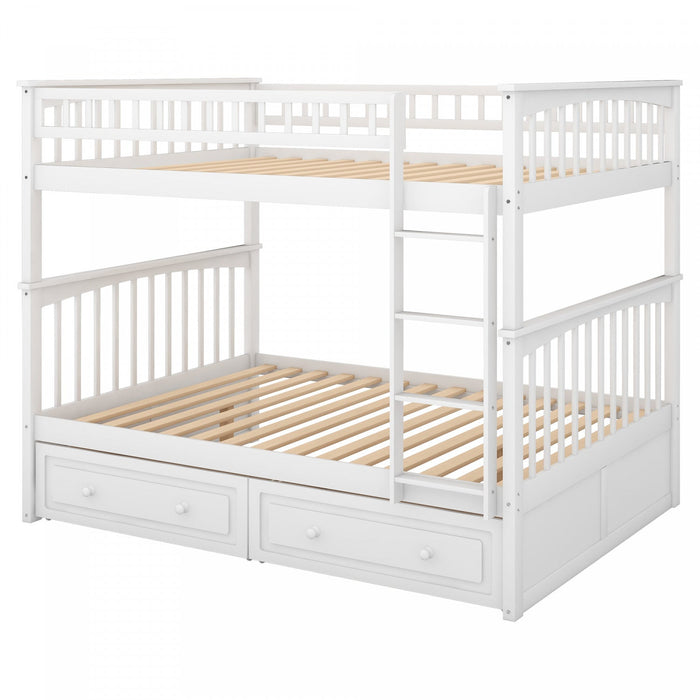 Brady Solid Wood Convertible Full Bunk Bed With Drawers - White Lit Superpose Convertible Brady En Bois Massif, Taille Double, Avec Tiroirs - Blanc
