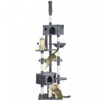 PawHut Floor to Ceiling Cat Tree, 230-250cm Adjustable Tall Cat Climbing Tower with 2 Condos, Hammock and Sisal Scratching Posts, for Indoor, Multi-Level Activity Centre, Dark Grey