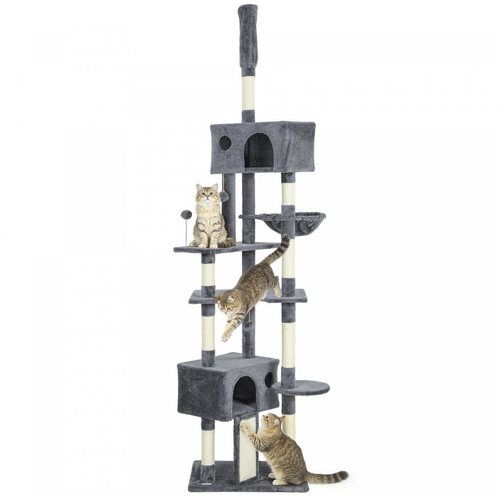 PawHut Floor to Ceiling Cat Tree, 230-250cm Adjustable Tall Cat Climbing Tower with 2 Condos, Hammock and Sisal Scratching Posts, for Indoor, Multi-Level Activity Centre, Dark Grey