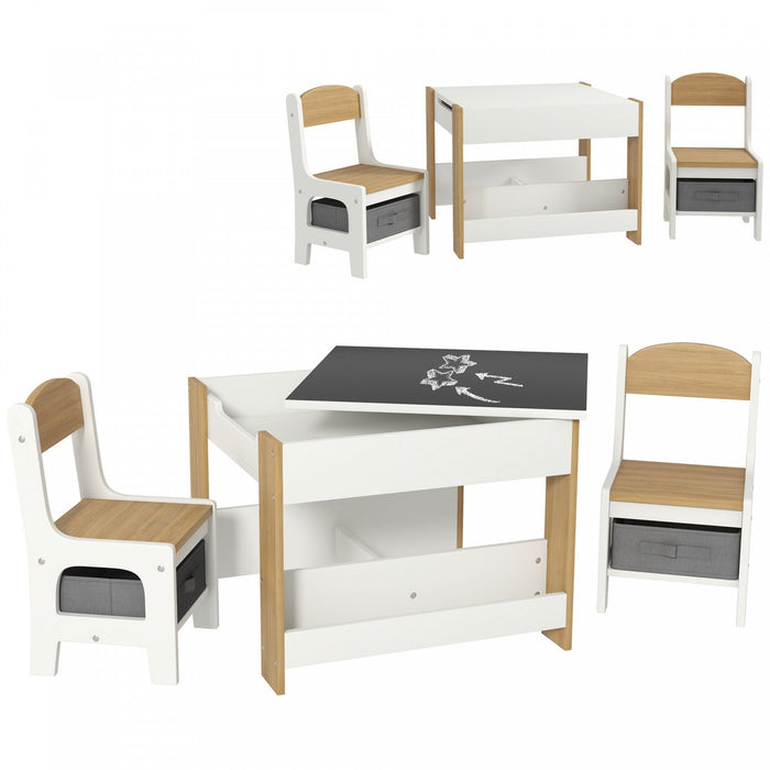 Qaba 3 Piece Kids Table And Chair Set, 2 In 1 Toddler Table And Chair Set With Reversible Tabletop, 