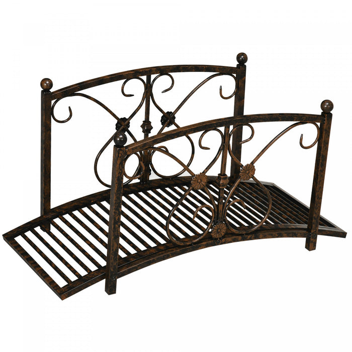 Outsunny Garden Bridge 3.3', Floral Pond Bridge With Safety Railings Brown