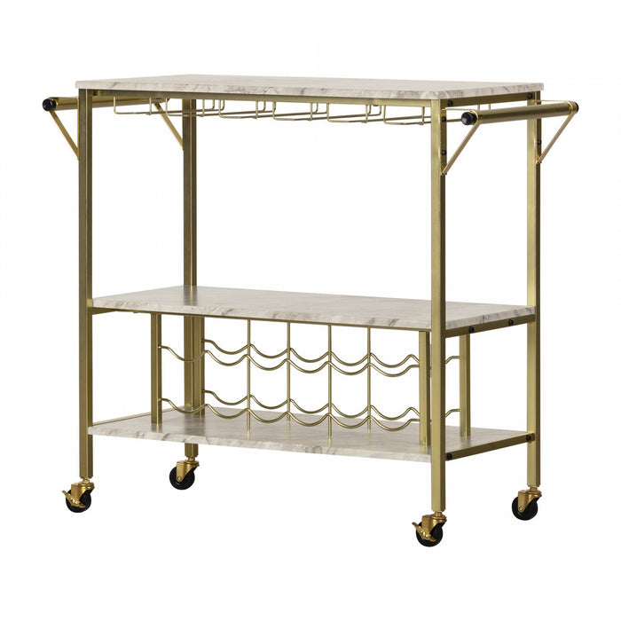 Maliza Bar Cart With Wine Bottle Storage And Wine Glass Rack - Faux Carrara Marble And Gold 
