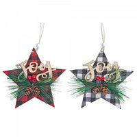 Buffalo Plaid Joy on Star Wood Ornament - Set of 12 Christmas Ornaments
