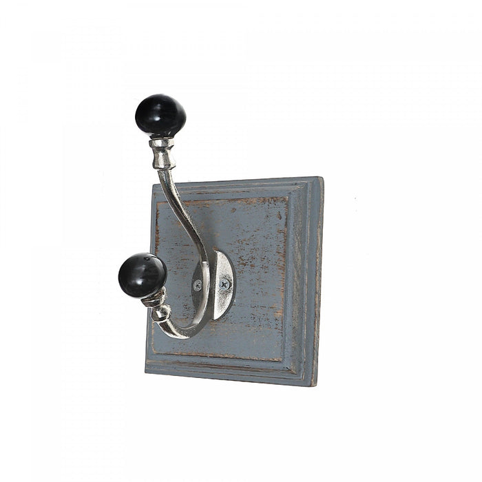 Antique Nickel Hook with Black Knob on Wood Base Grey-wash - Set of 2 Hooks
