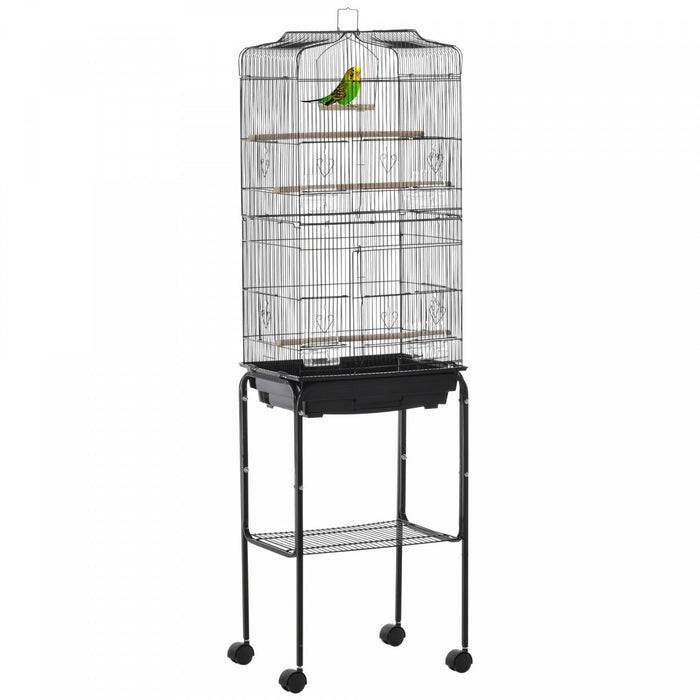 Pawhut 62\" Bird Cage Budgie Cage With Wheels, Detachable Stand, Storage, Black