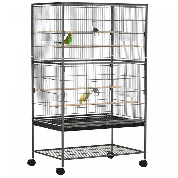 Pawhut 52\" Large Rolling Steel Bird Cage Bird House With Rolling Stand, Storage Shelf, Wood Perch, F