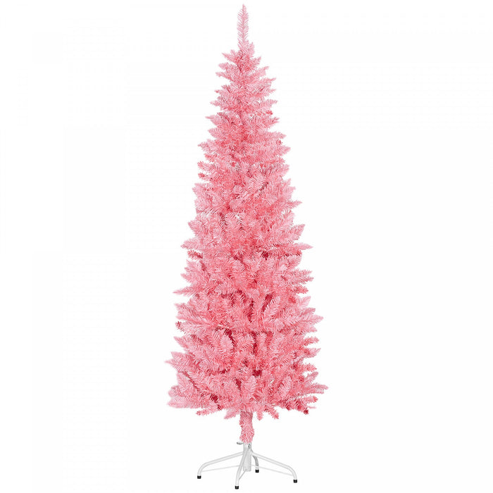 Homcom 6ft Tall Pencil Artificial Christmas Tree With Steel Base, Pink