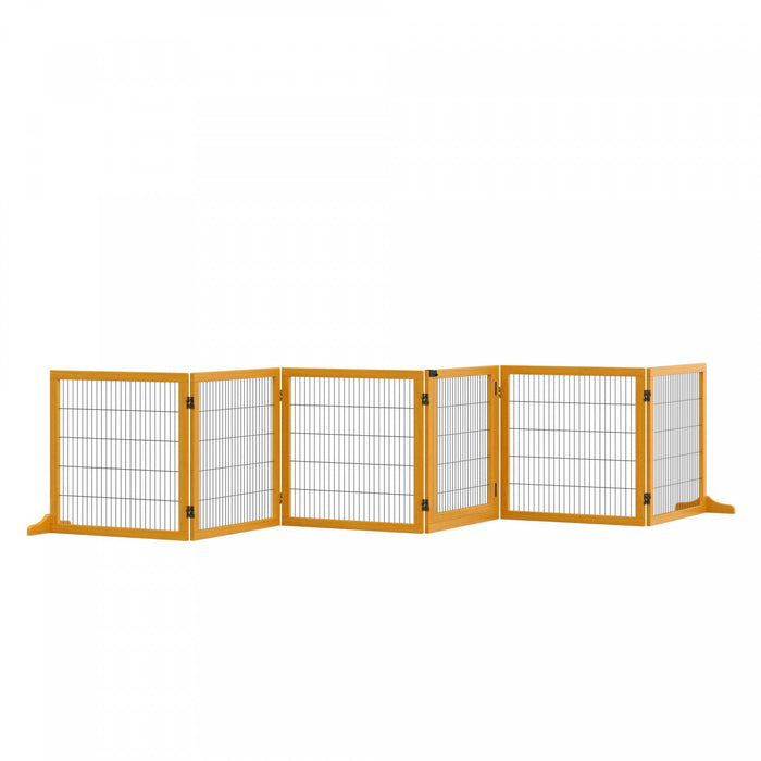 Pawhut Wooden Pet Gate, Dog Safety Barrier, Freestanding Foldable Fence, W/ 6 Panels, 2 Support Feet