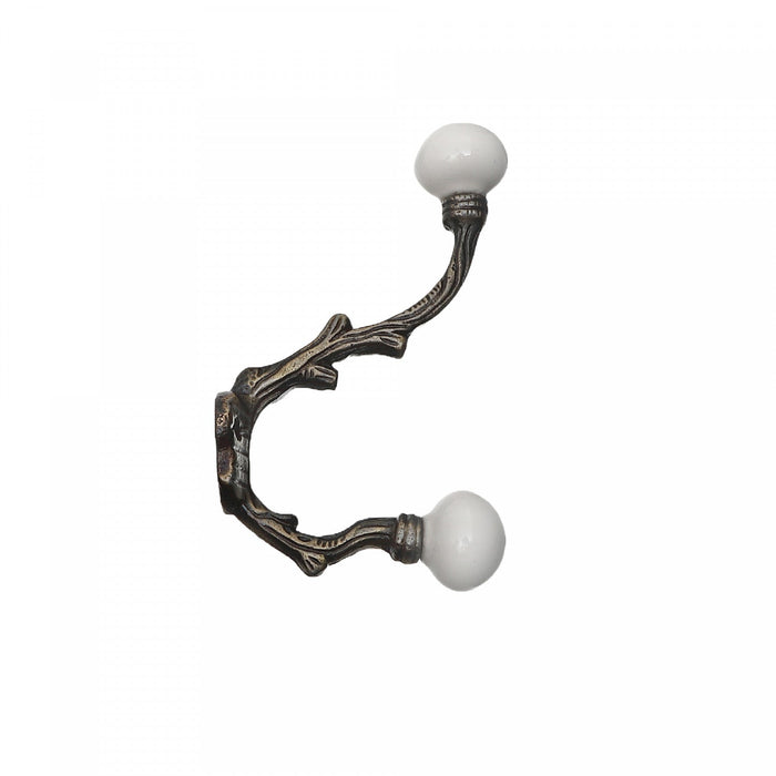 Iron French Hook with Ceramic Ivory Knob Antique Brass - Set of 4 Hooks