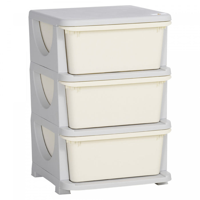 Qaba Kids Toy Storage Organizer With 3 Plastic Bins, 3 Tier Drawer Chest Utility For Kids Bedroom Nursery Kindergarten Living Room For Boys Girls Toddlers, Cream White