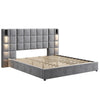 Ethan Velvet Platform Bed with Grid Headboard and USB Ports,Queen Size - Grey 