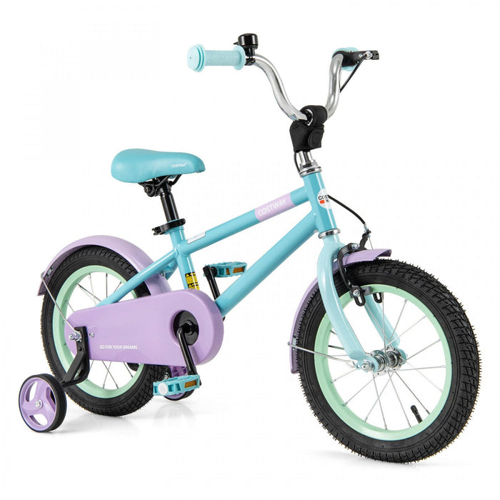 Costway 14" Kids Bike With Adjustable Saddle Handlebar Removable Training Wheels Handbrake Blue