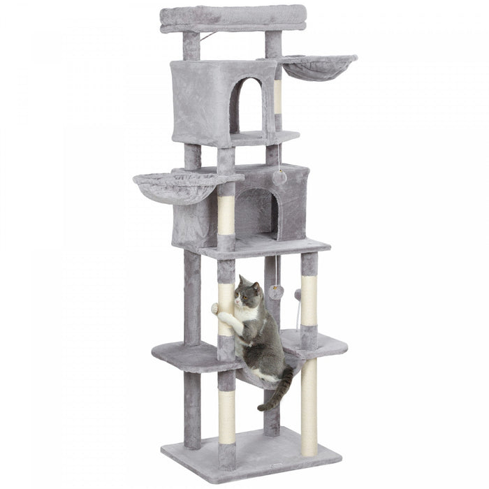 PawHut Cat Tree, 69" Cat Tower for Indoor Kittens, Multi-Level Tower with 2 Condos, Scratching Posts, 2 Hammocks, Perches, Pompoms for Multiple Kitties, Light Grey