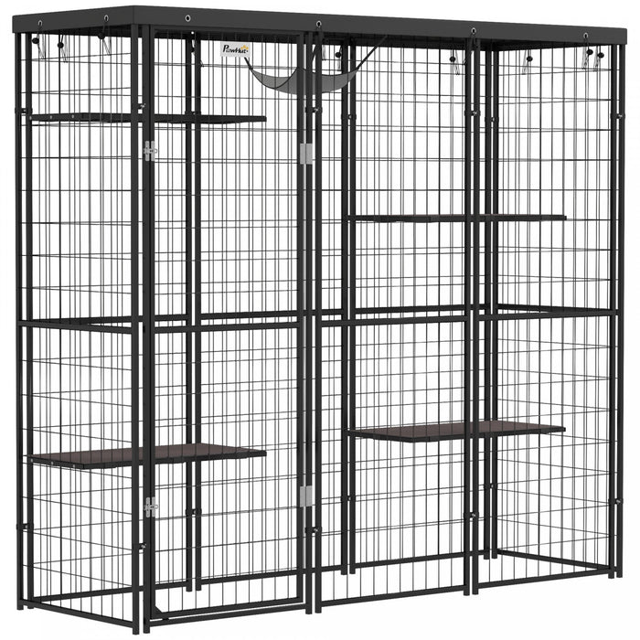 Pawhut Catio Outdoor Cat Enclosure, Weld Wire Outdoor Cat House With Waterproof Cover, 4 Jumping Platforms, Hammock, Cat Cage Indoor For 1-3 Kittens, 69" X 22" X 62", Black