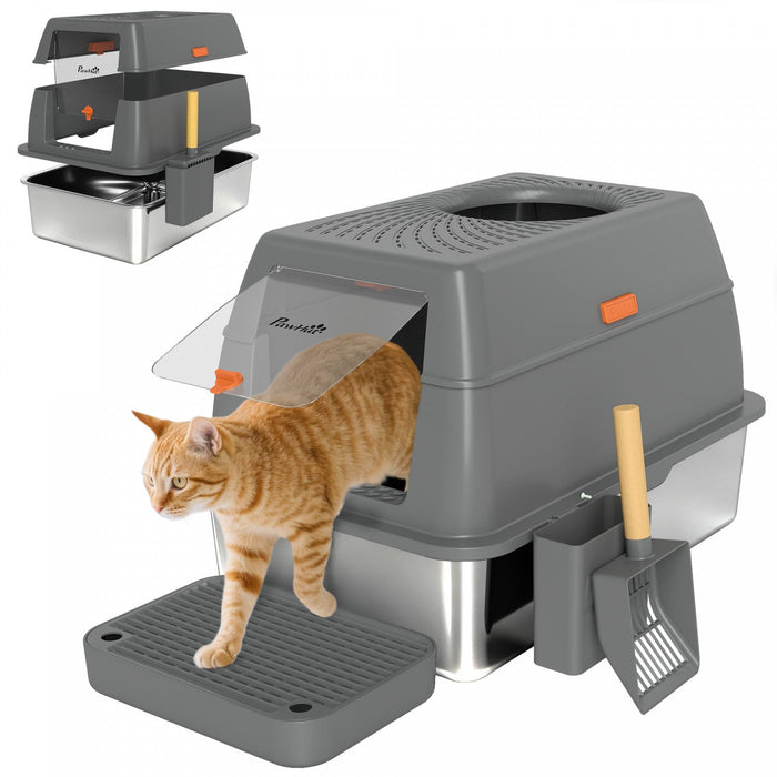 PawHut XL Stainless Steel Litter Box with Lid, 80L Extra Large Enclosed Cat Litter Box with Front/Top Entry, Trapping Step, Scoop, for Large Big Cats, Dark Grey