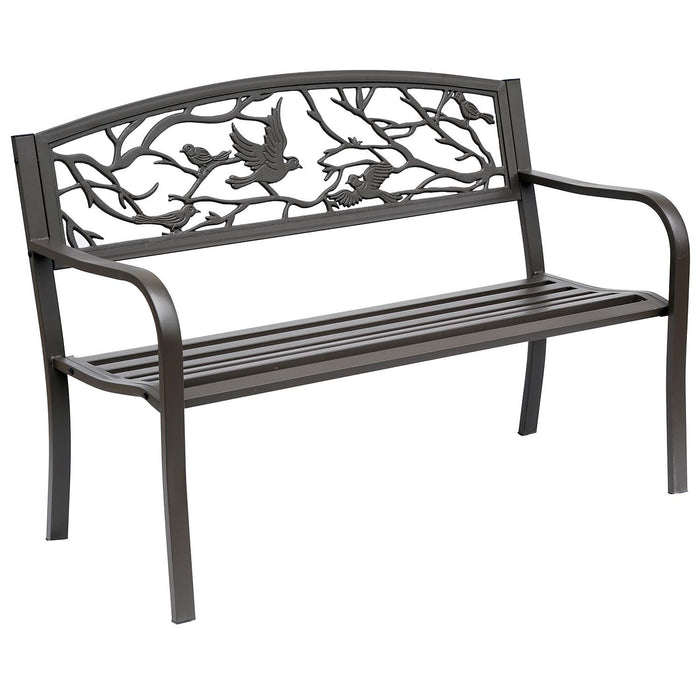 Outsunny 50" Outdoor Metal Garden Bench With Vintage Bird Pattern, Brown