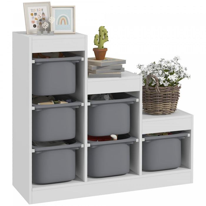 Qaba Toy Storage Organizer With 6 Plastic Bins, 3 Layers Kids Bookshelf Children Toy Storage With Anti-tipping Design, For Ages 3-8 Years, Study Room, Playroom, White