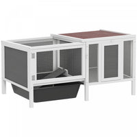 PawHut Rabbit Hutch, Wooden Guinea Pig Cage with Run, Openable Top, Pull Out Tray and Ramp, Hamster Cage with Water-Resistant Roof for Indoor Outdoor, Grey