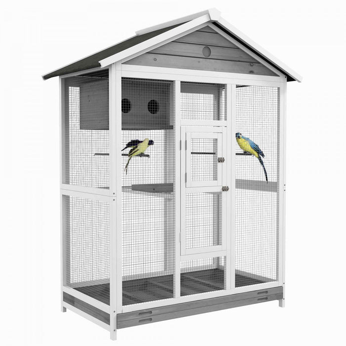 Pawhut 65\" Bird Cage Large Wooden Aviary For Canary With Standing Pole Nest Slide-out Tray, For Indo