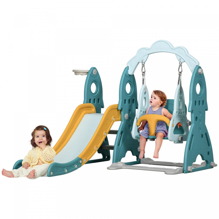 Qaba Kids Slide And Swing Set 3 In 1 Indoor Playground With Basketball Hoop, Adjustable Swing, Climb