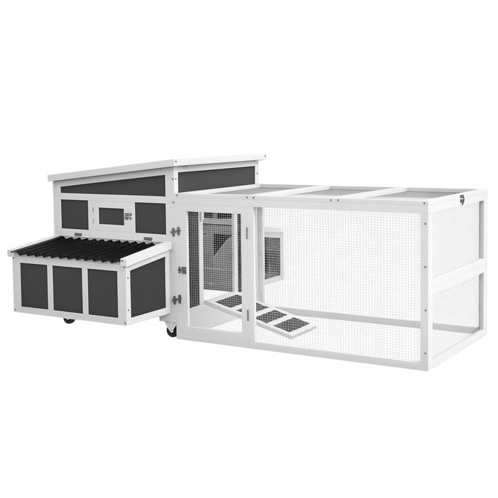 PawHut Wooden Chicken Coop for 6 Chickens, Rabbit Hutch with Large Run, Outdoor Poultry Cage Duck Coop Hen House with Nesting Box, Tray, Windows, Dark Grey